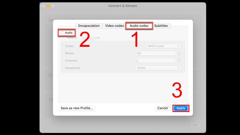 V&agrave;o Audio codec, bỏ chọn Audio 